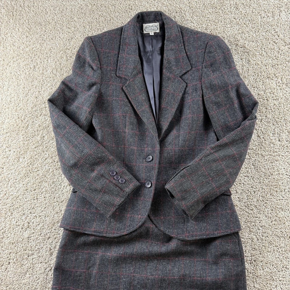 Vintage The Villager Skirt Suit Womens 8 Gray Plaid Tweed Jacket Skirt Set